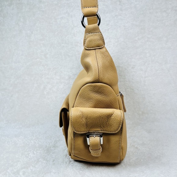 Vintage Tignanello Cargo Hobo Shoulder Bag Pebbled Leather Canvas Strap Tan Nude - Picture 4 of 15